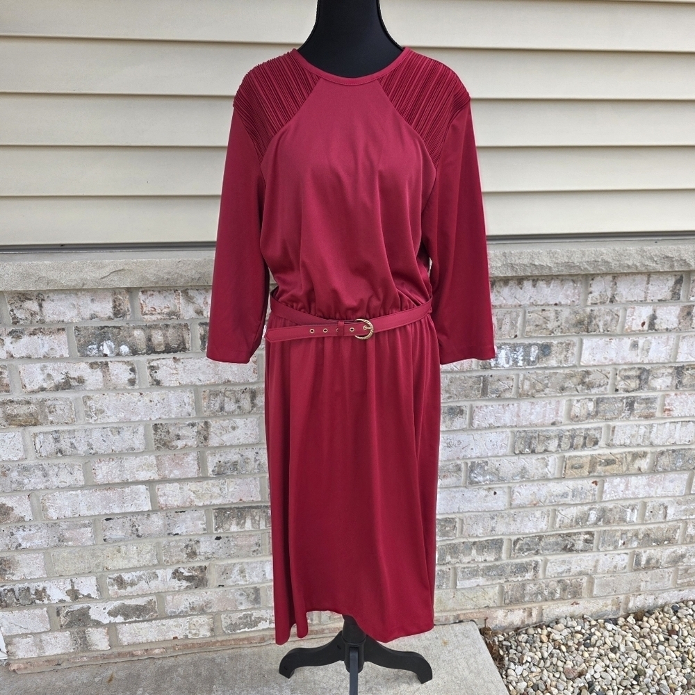 Vintage Blair Cranberry Pleated Shoulder Midi Dress Size 16